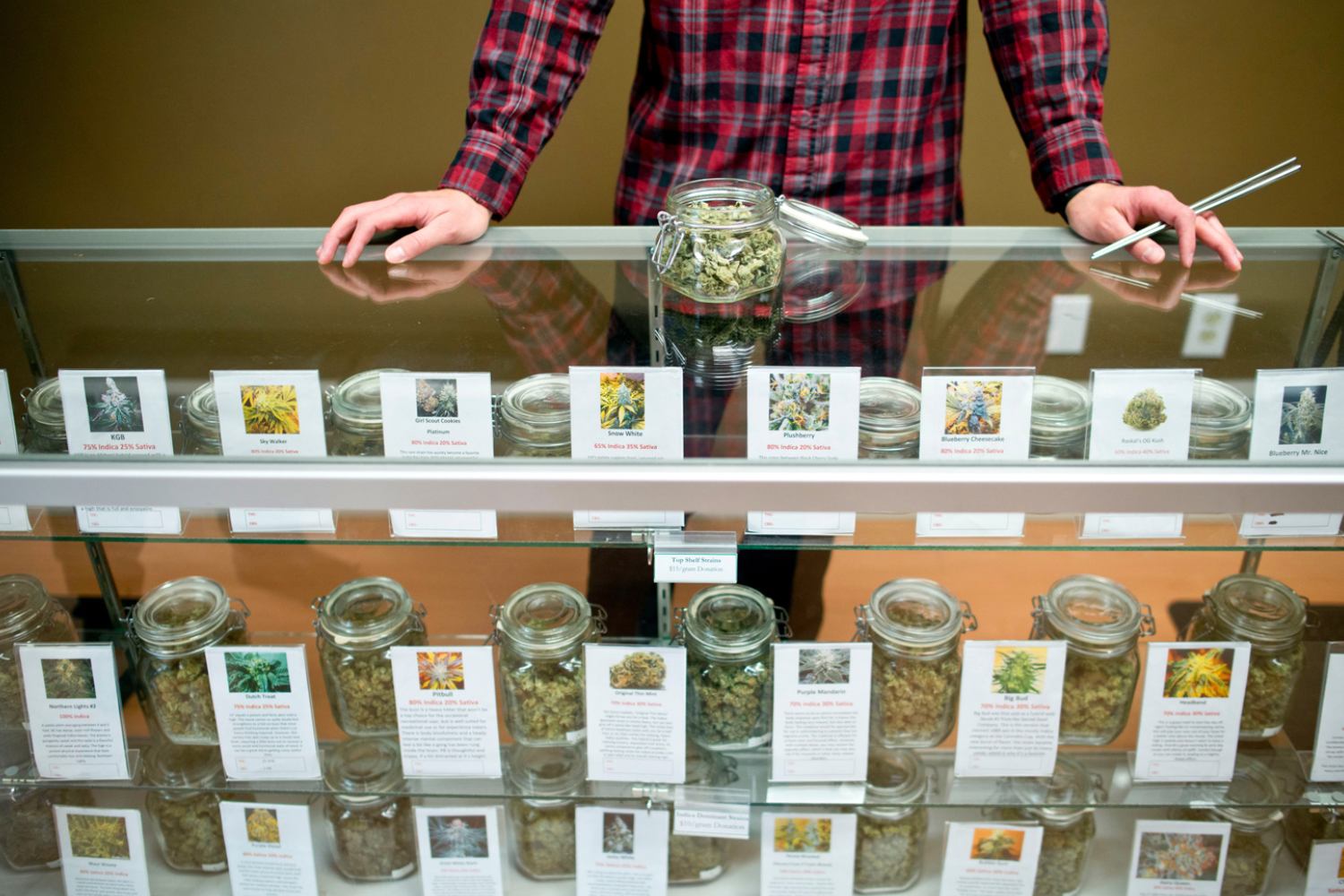 A cannabis dispensary agent standing behind a display case filled with labeled jars of cannabis strains.